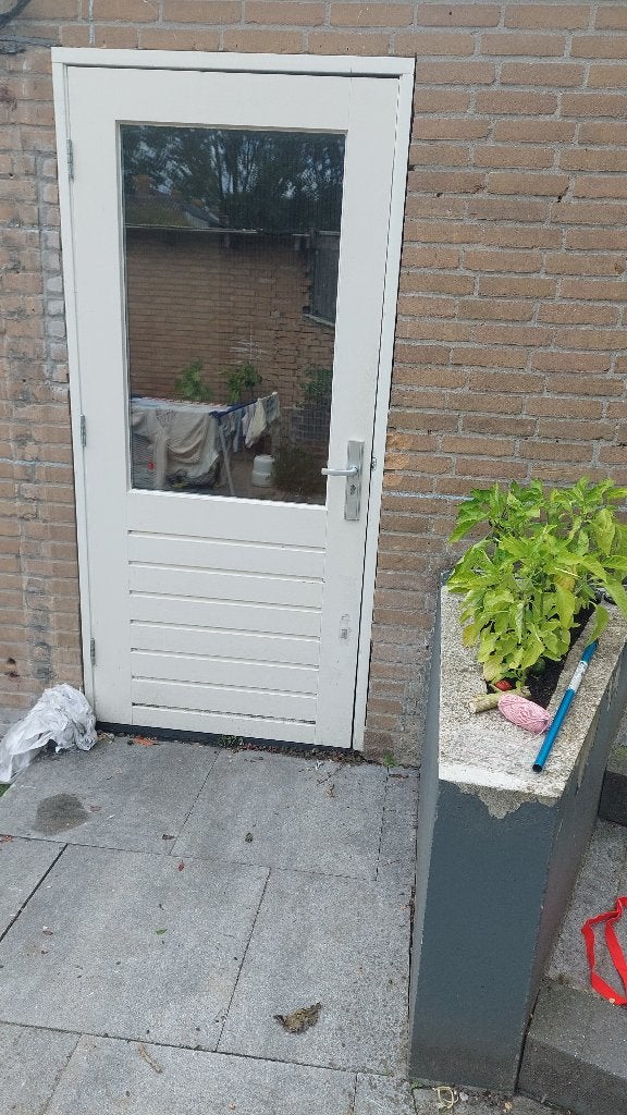 Witte hardhouten buitendeur met dubbel glas, Ophalen, Gebruikt, 80 tot 100 cm, 200 tot 215 cm