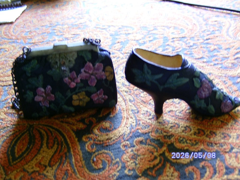 mini schoen en tas roze gele bloemen vintage curiosa brocant, Verzamelen, Retro, Ophalen of Verzenden, Huis en Inrichting