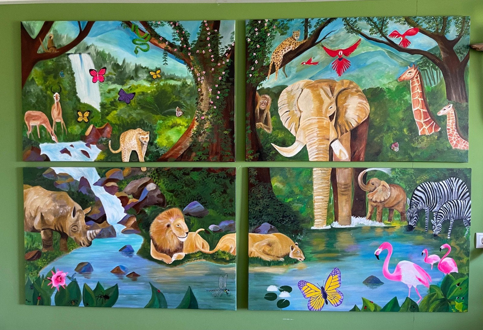 Handgemaakt Jungle Acryl Schilderij op Doek, Acrylverf, Doek, Realistisch, Dieren