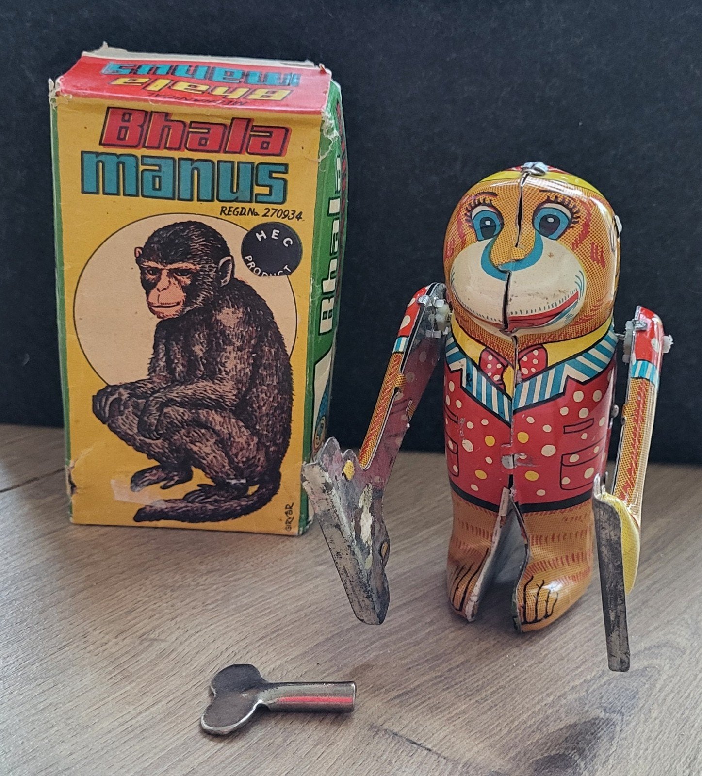Vintage "Bhala Manus" mechanische acrobatische aap., Ophalen of Verzenden
