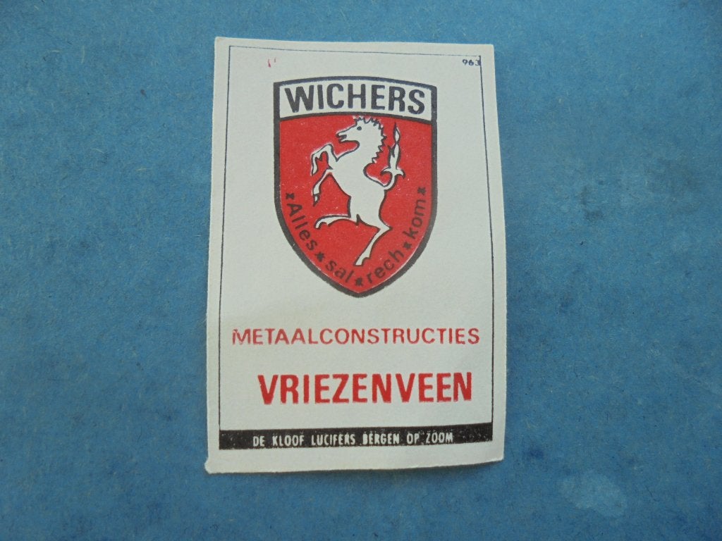 Oud luciferetiket Metaalconstructies WICHERS in VRIEZENVEEN, Ophalen of Verzenden, Zo goed als nieuw, Luciferdoosjes of -merken