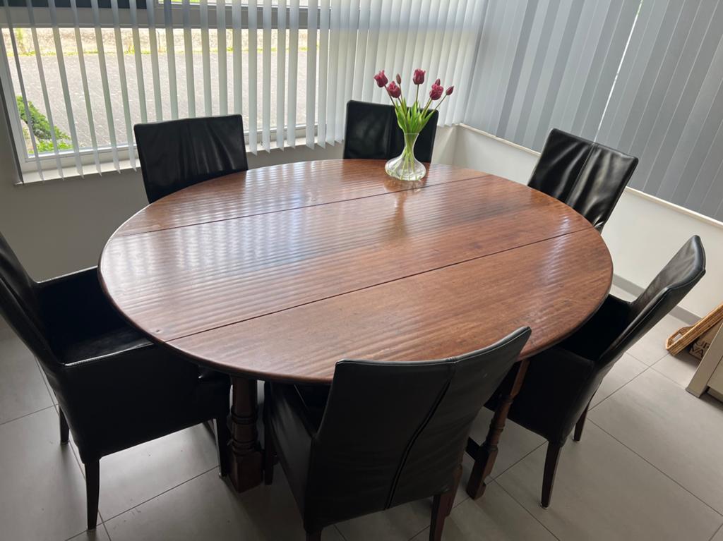 Eettafel met 6 leren fauteuils, Ophalen, Gebruikt, 100 tot 125 cm, 125 cm of meer