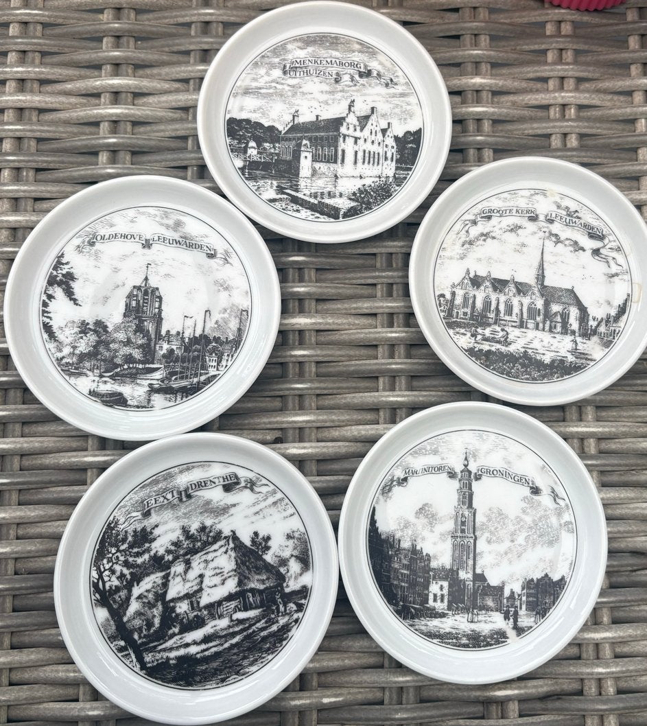 Set van 5 vintage Hollandse onderzetters met stadsgezichten, Ophalen of Verzenden