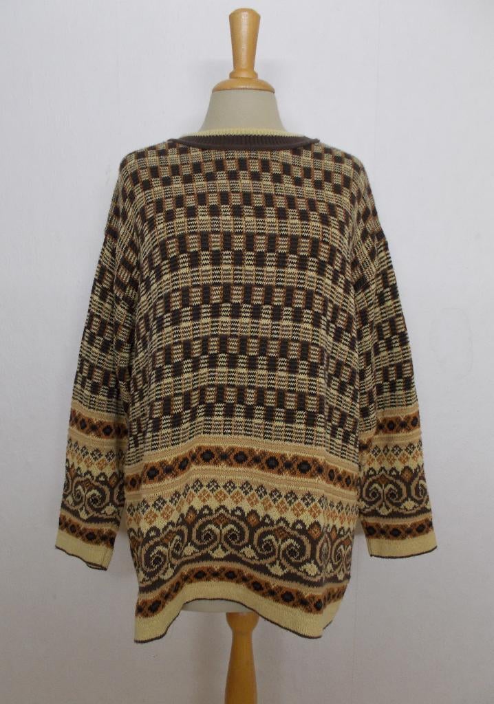 Vintage Noorse/folklore look unisex print trui! L/XL, Kleding | Dames, Verzenden, Zo goed als nieuw, Maat 42/44 (L), Bruin