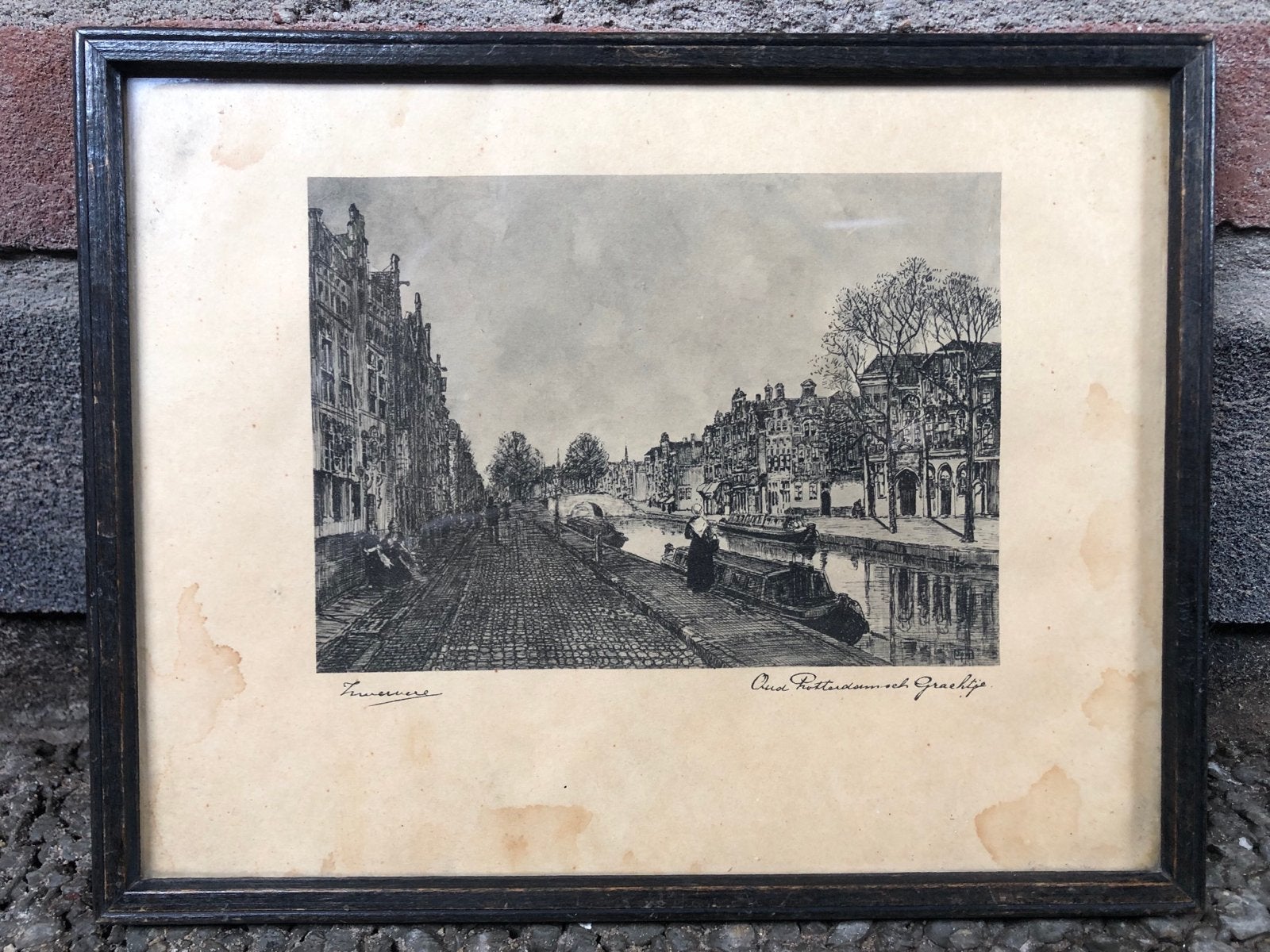 Ets 'Oud Rotterdamsch Grachtje' van Jan Zwerver (1907-1973), Ets, Stadsgezicht, Ophalen of Verzenden, Gesigneerd