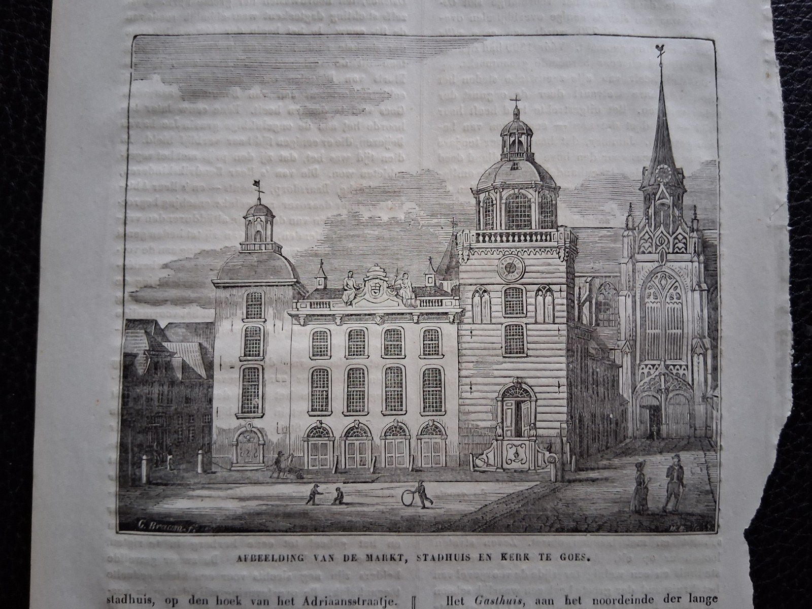 Antieke prent: Stadhuis en Kerk te Goes (19e eeuw), Antiek en Kunst, Kunst | Etsen en Gravures, Ophalen of Verzenden