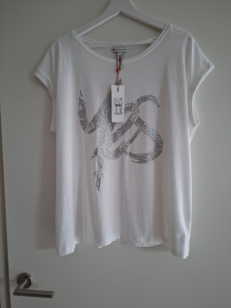 Street One shirt wit met zilver glitter print maat 44 nieuw, Verzenden, Wit, Nieuw, Korte mouw