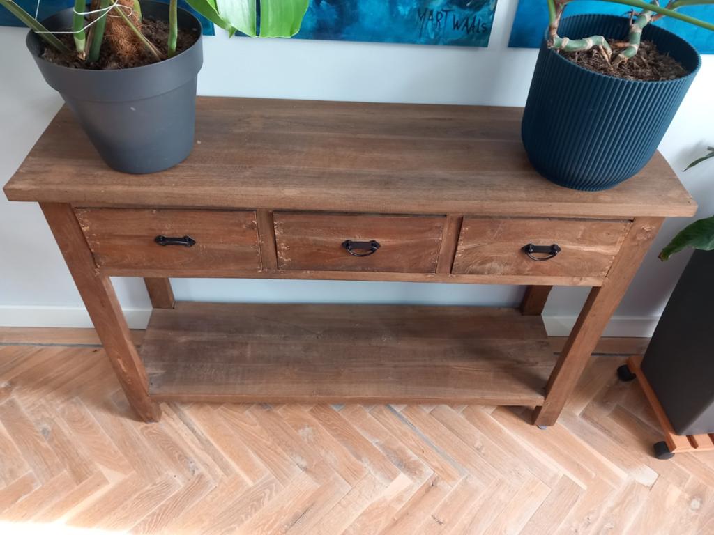 Teakhouten sidetable 34x120cm blad, 80cm hoog, 3 laden, Huis en Inrichting, Tafels | Bijzettafels, Ophalen, Zo goed als nieuw