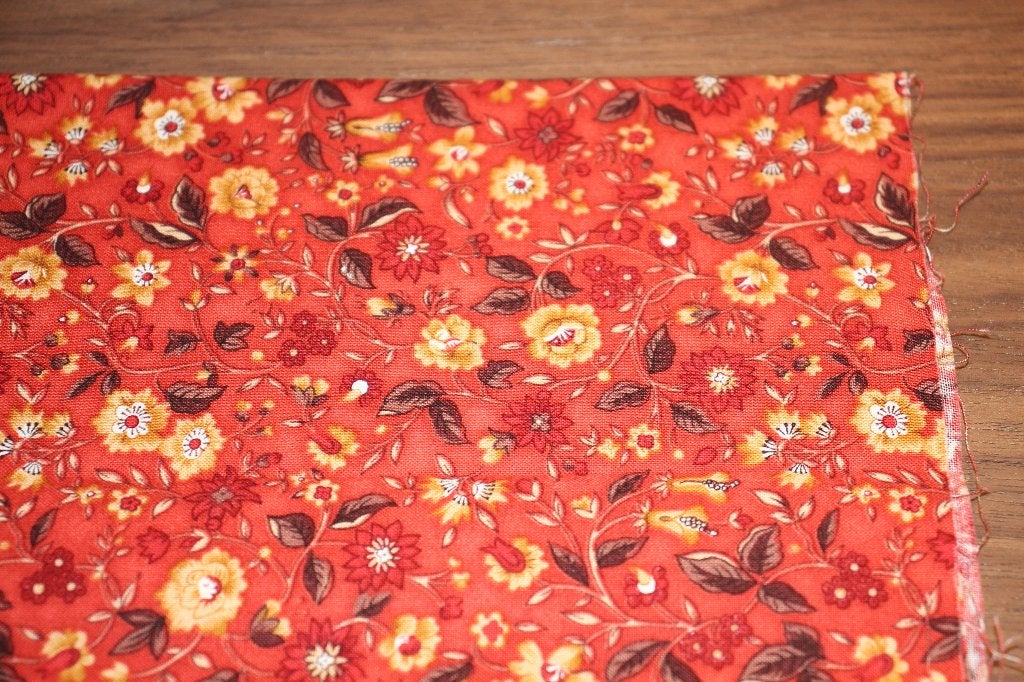 Coupon 100% katoen stof - rood oranje met bloemen geel #4643, Nieuw, Ophalen of Verzenden, 30 tot 120 cm, Katoen