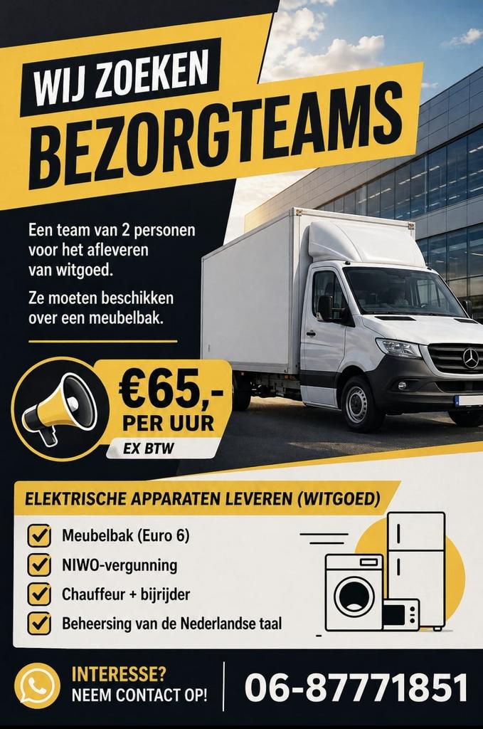 Uurtarief €65,-  per uur ex btw minimaal 160uur per maand, Koeriersdiensten