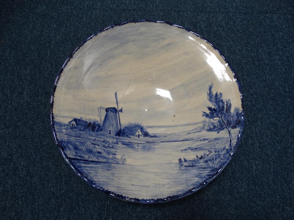 Blauw wit wandbord Delfts blauw molen aan water, Ophalen