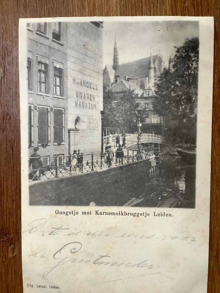 Leiden, Karnemelk bruggetje, H. van Andel’s sigarenmagazijn, Verzamelen, Ophalen of Verzenden, Voor 1920, Gelopen, Zuid-Holland