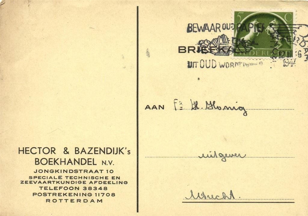 Hector + Bazendijk Boekhandel, Rotterdam - 03.1944 - briefka, Ophalen of Verzenden, Briefkaart