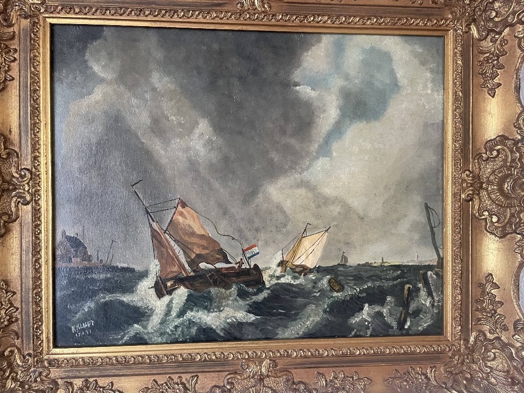 Schilderij van K Kluft - Woelend water, Ophalen of Verzenden, Bijzondere lijst, Olieverf, Maritiem / water
