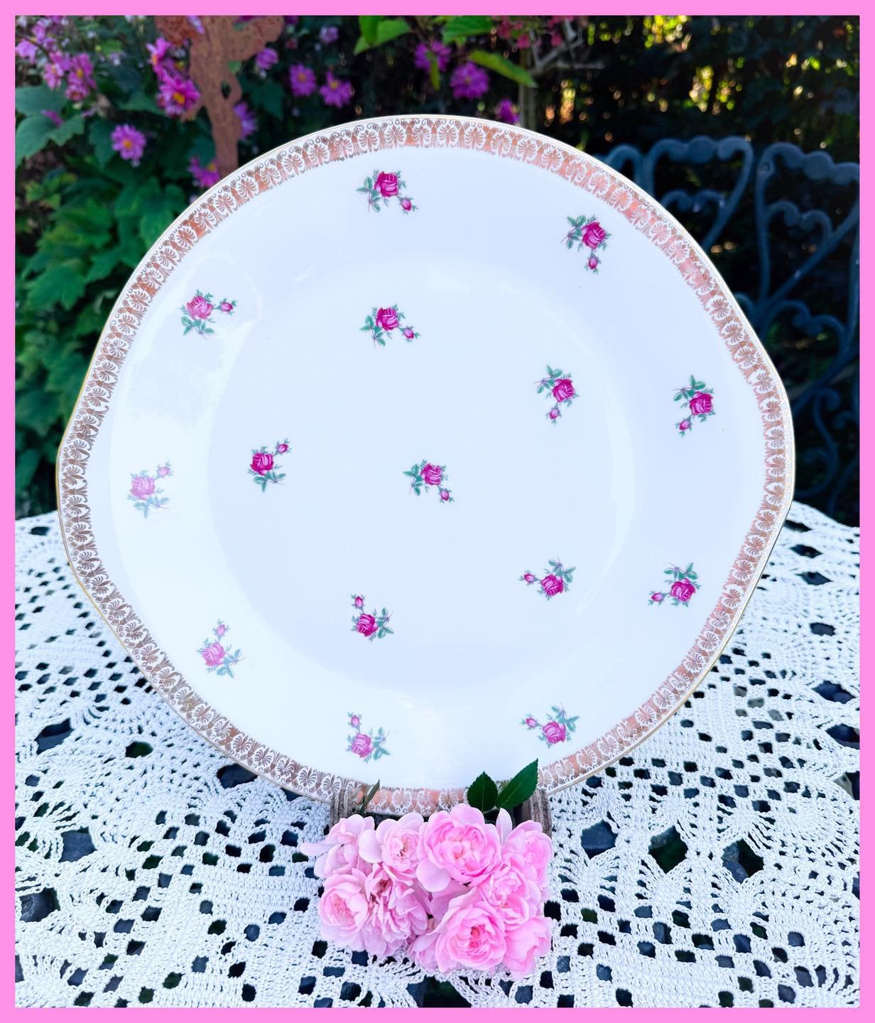 Brocante gebakschaal serveerschaal schaal roosjes servies, Ophalen of Verzenden
