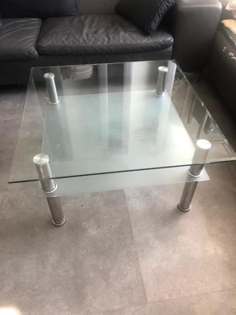 Glazen salontafel, Huis en Inrichting, Tafels | Salontafels, Ophalen, Gebruikt, 50 tot 100 cm, Vierkant