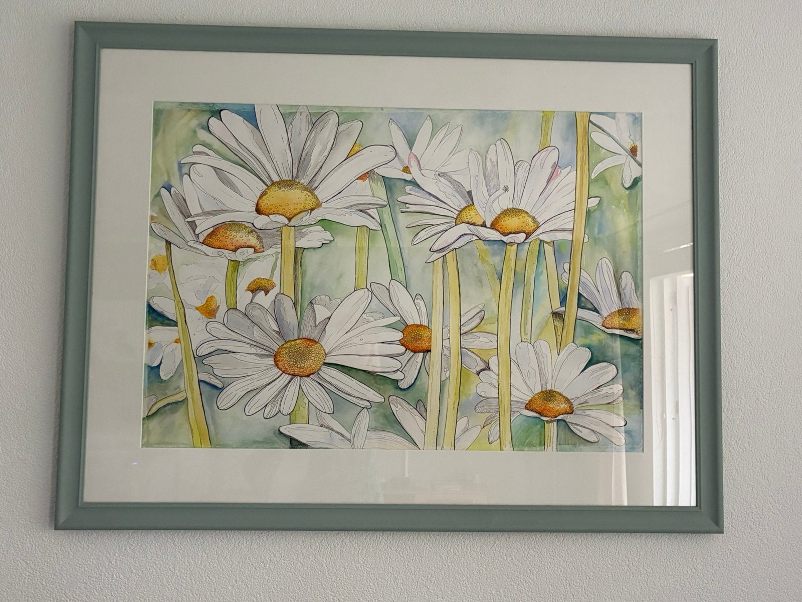 Handgeschilderd schilderij Margrieten incl lijst, Ophalen