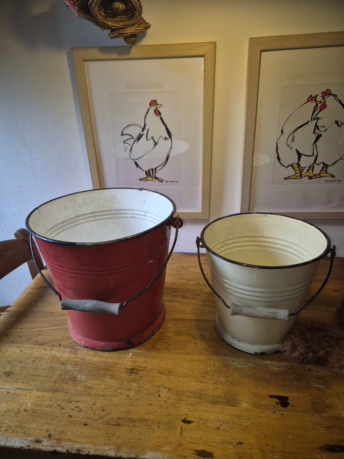 Set van 2 vintage emaille emmers (rood en crème), Ophalen of Verzenden