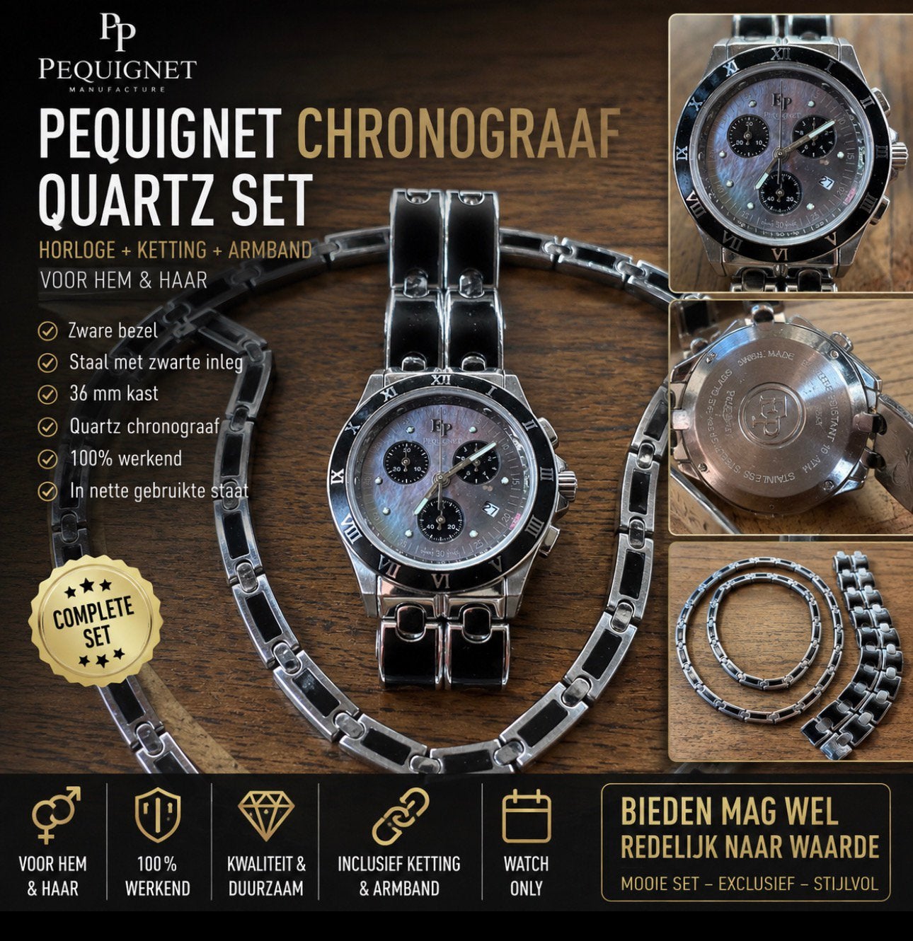 Pequignet set horloge chronograaf ketting en armband, Ophalen of Verzenden, Staal, Overige merken, 1960 of later