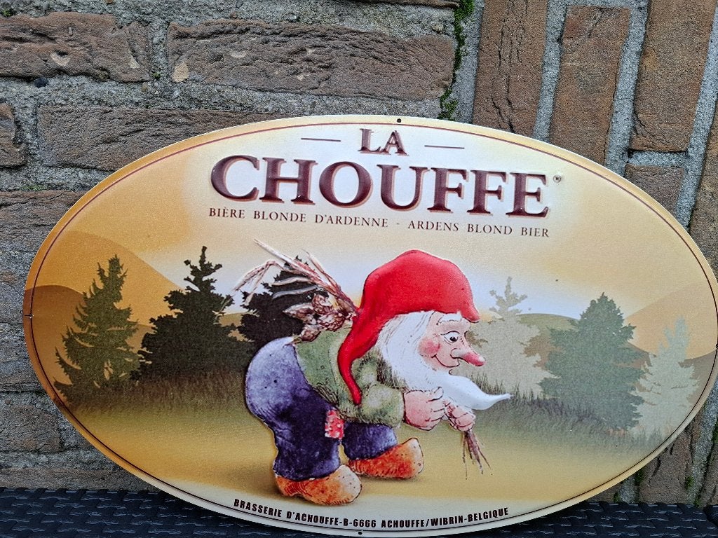Prachtig oud zwaar authentiek reclamebord La Chouffe blond, Ophalen of Verzenden, Nieuw, Reclamebord, Plaat of Schild, Overige merken