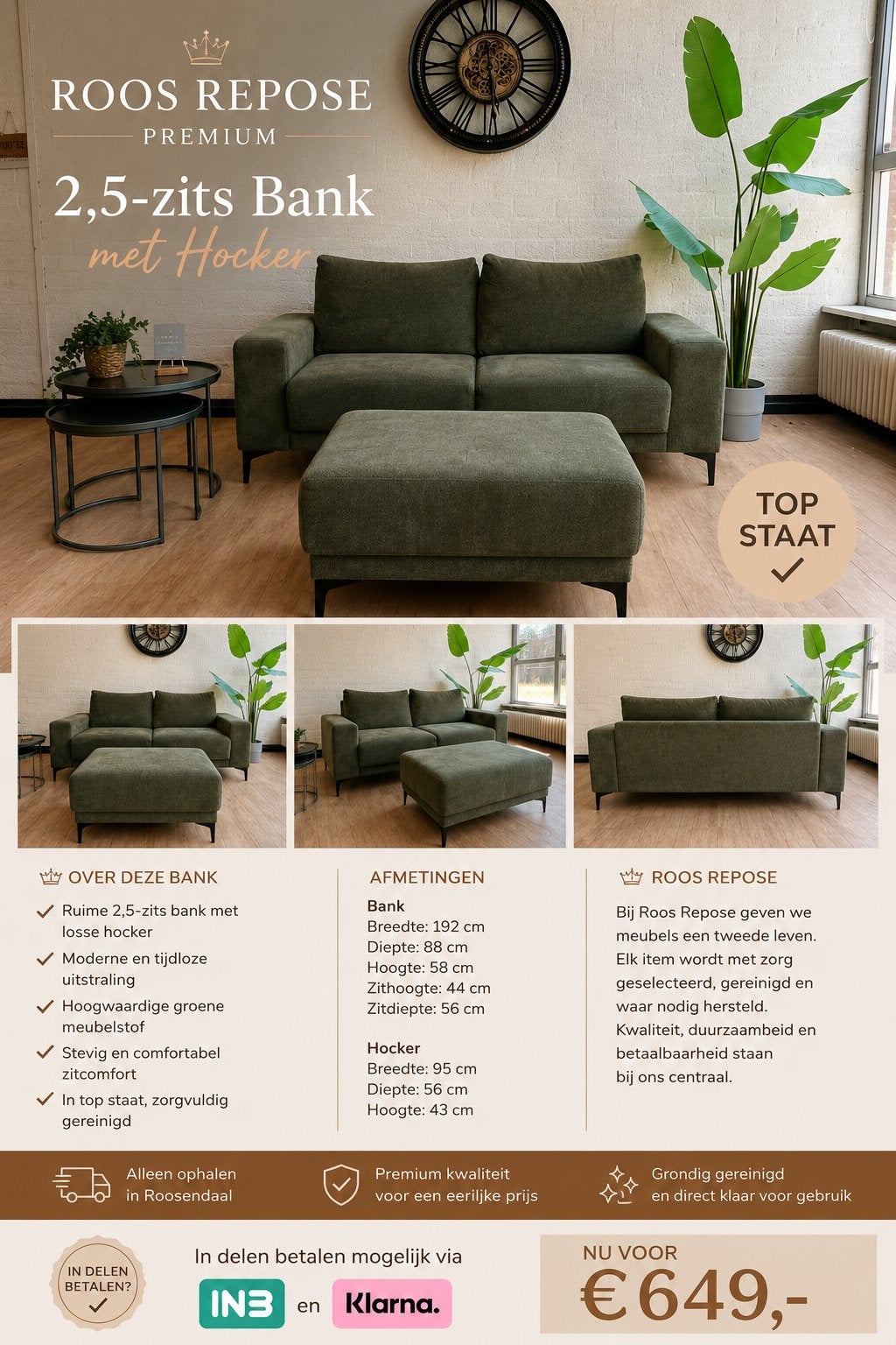 2,5-zits Bank met Hocker – Groene Stoffen Bank | 10m oud, 125 tot 150 cm, Tweepersoons, Ophalen of Verzenden, Zo goed als nieuw