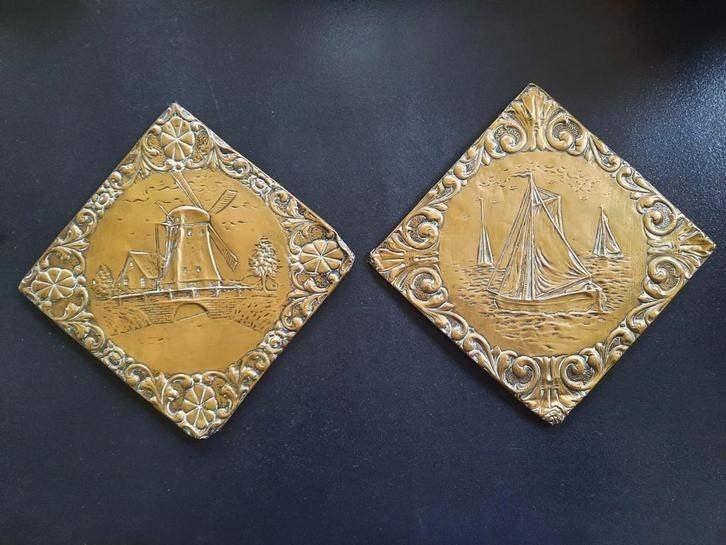 antieke koperen wanddecoratie met molen en schepen, Ophalen of Verzenden, Koper