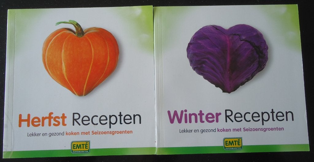 Te koop twee kookboeken met herfst- en winterrecepten., Emté Supermarkten, Gezond koken, Ophalen of Verzenden, Zo goed als nieuw