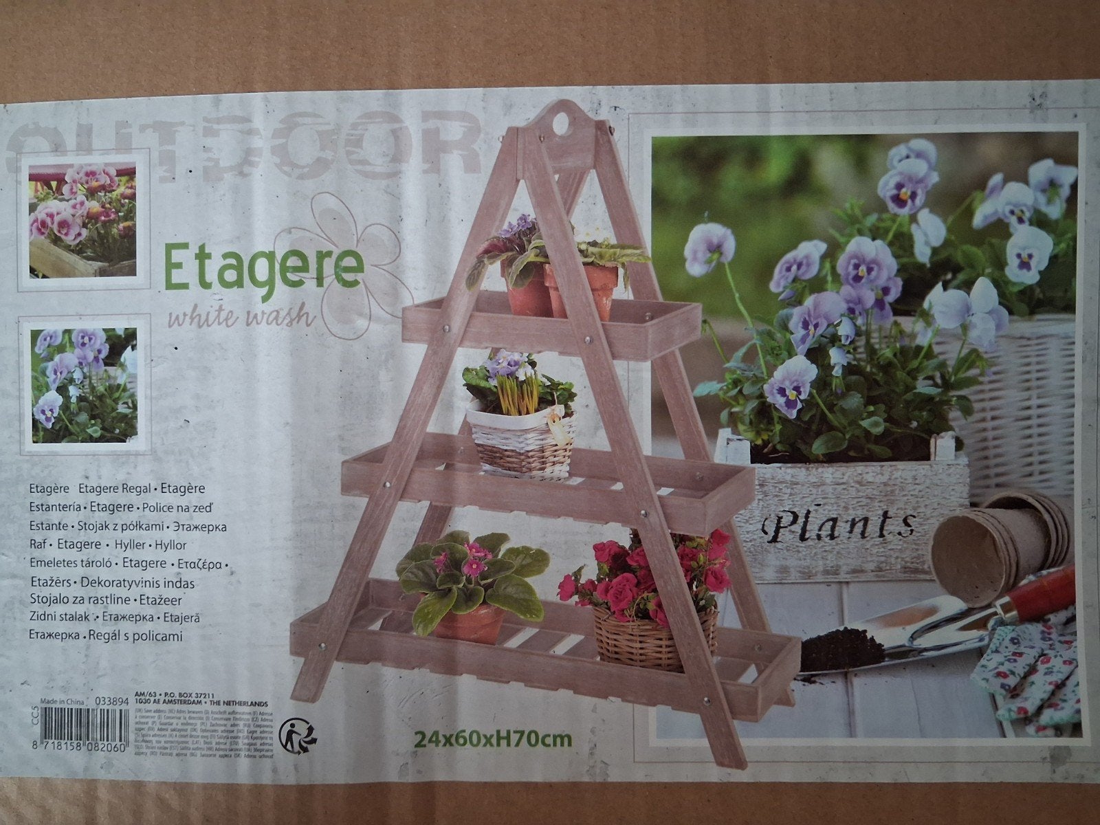 Houten Etagère 'White Wash' voor Planten - 60x70cm, Tuin en Terras, Nieuw, Ophalen of Verzenden, 60 cm of meer, Balkon