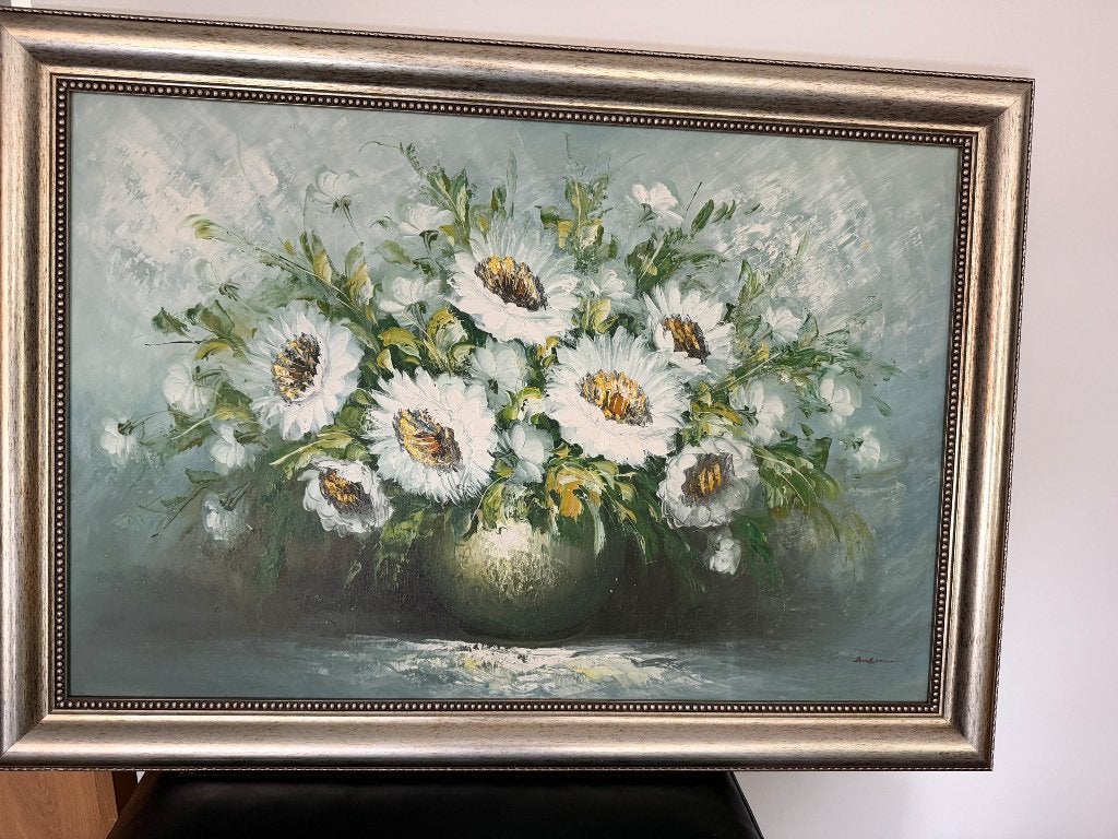 Olie schilderij, Antiek en Kunst, Kunst | Schilderijen | Klassiek, Bloemen, Doek, Realistisch, Ophalen of Verzenden