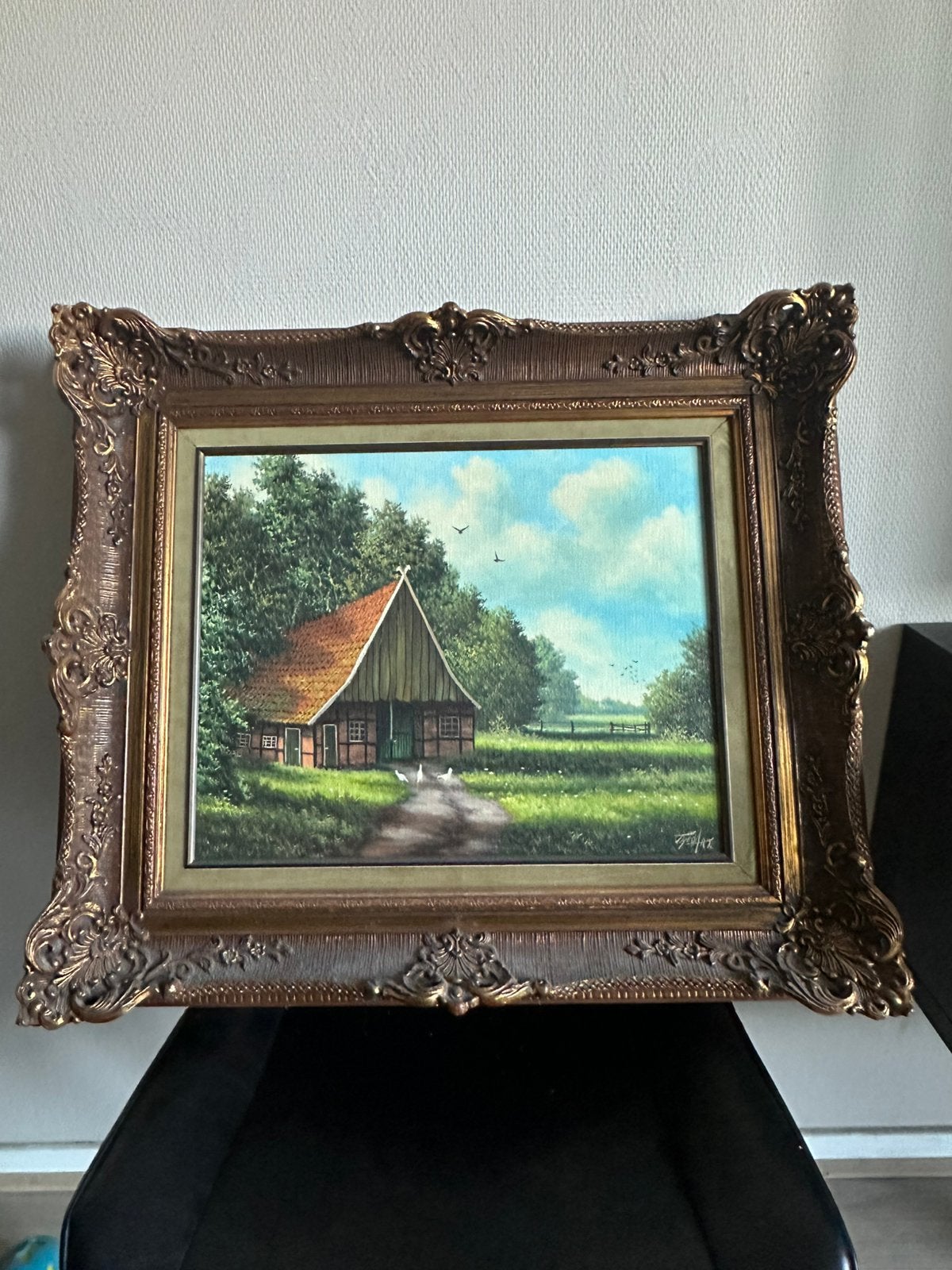 Origineel schilderij Theo Bijkerk – Twents landschap met boe, Doek, Realistisch, Bijzondere lijst, Ophalen of Verzenden