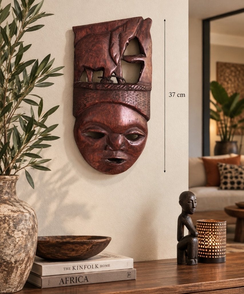 Handgesneden houten Afrikaans masker met olifant, Ophalen of Verzenden