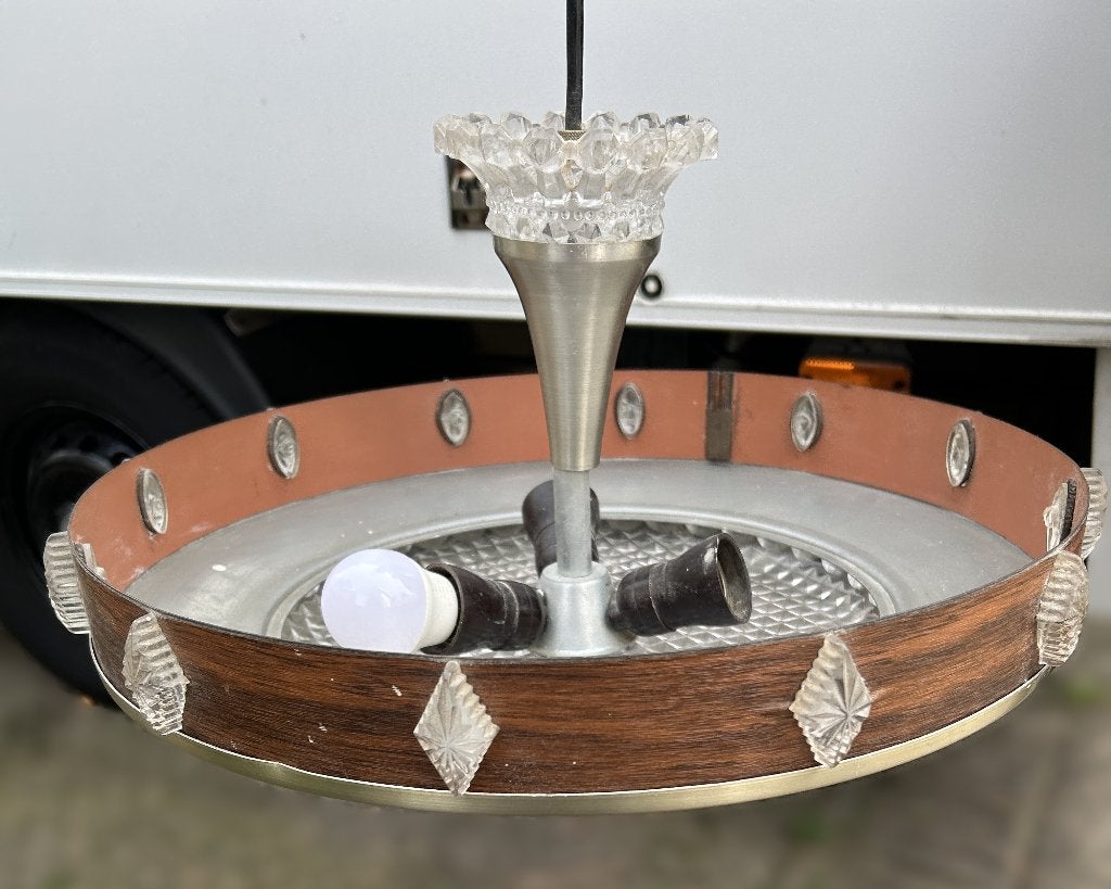 vintage ufolamp jaren 70 met kristalglas fineer & alluminium, Gebruikt, Glas, Vintage jaren 70, E27 (groot)