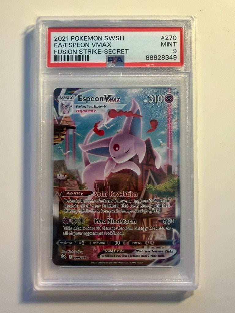 Espeon VMAX 270/264 Alt Art Fusion Strike PSA 9, Hobby en Vrije tijd, Verzamelkaartspellen | Pokémon, Ophalen of Verzenden, Zo goed als nieuw