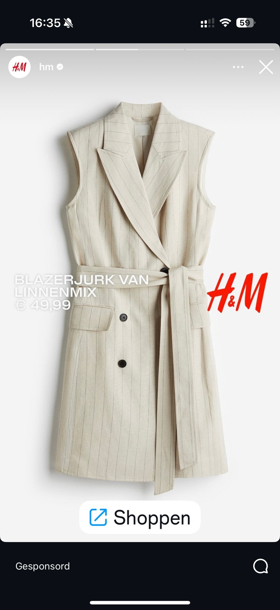 Nieuwe H&M Linnen Blazer Jurk Maat S - Ongeopend, Kleding | Dames, Ophalen of Verzenden, Nieuw, Maat 36 (S), Beige