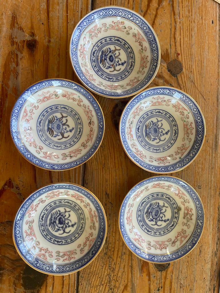 Set van 5 Chinese rijstkommen, blauw-wit porselein, Ophalen of Verzenden