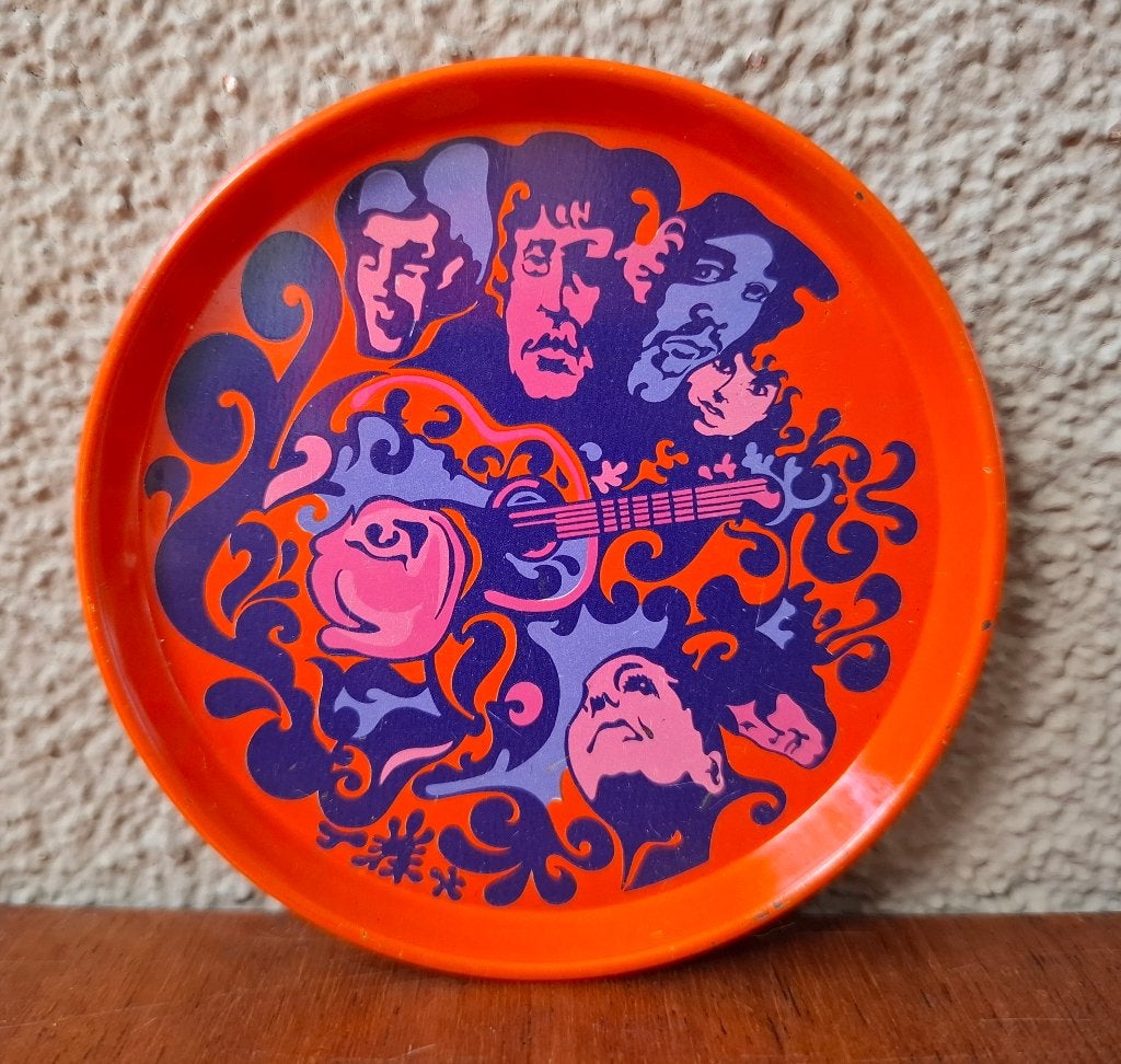 3 Vintage psychedelische onderzitters met o.a. Jimi Hendrix, Glasonderzetter, Stapelbaar, Metaal, Ophalen of Verzenden