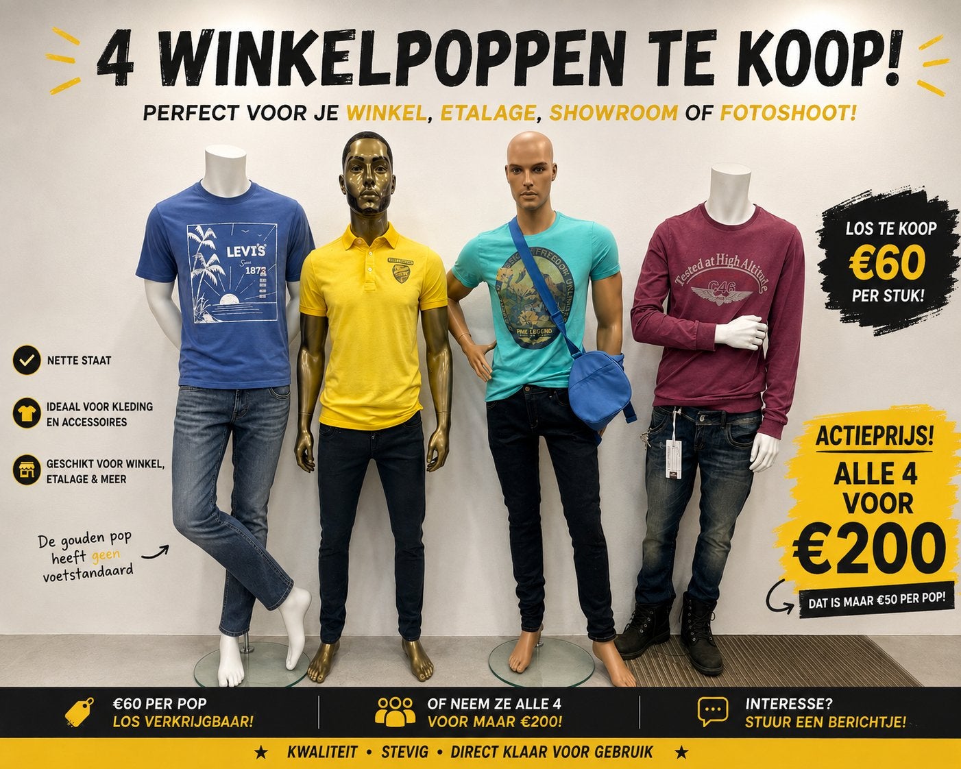 Winkelinventaris te koop – winkelpoppen, kledingrek en meer, Ophalen