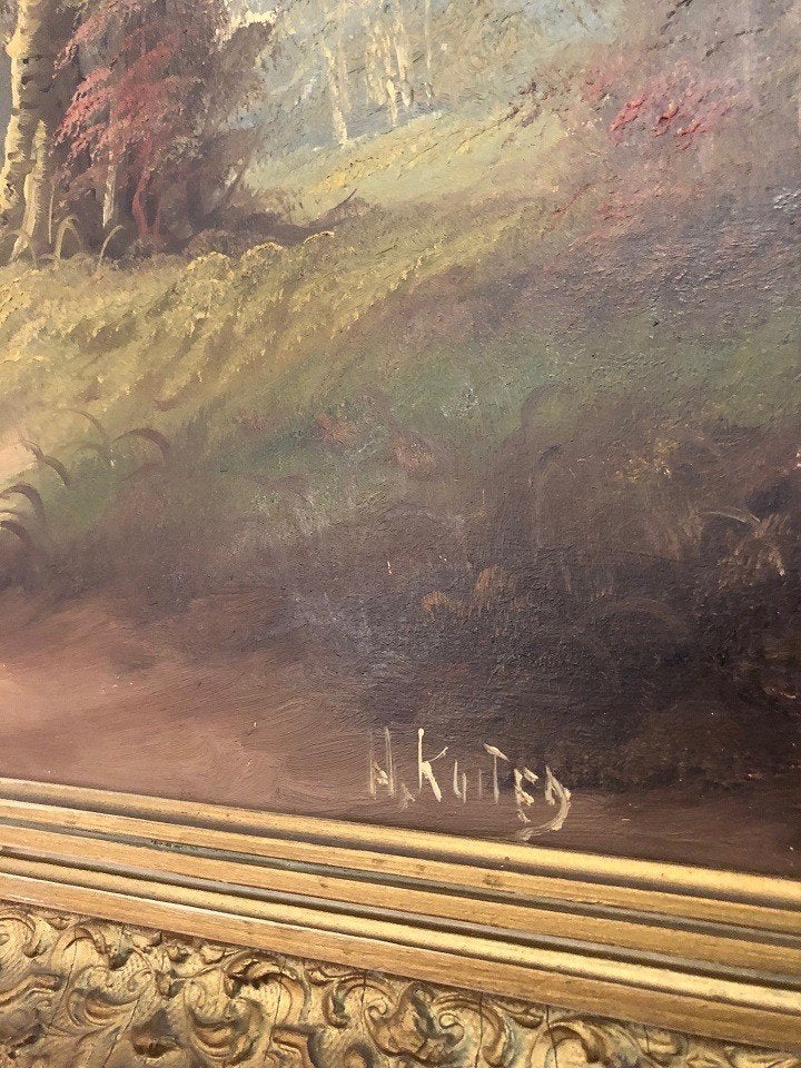 Groot oude schilderij gesigneerd - landschap - natuur, Antiek en Kunst, Ophalen of Verzenden, Ingelijst, Landschap