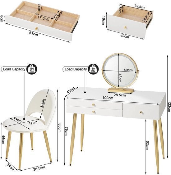 Make-Up Tafel - met Spiegel - LED Spiegellicht - Kaptafel -, Corvance B.V., Verzenden, Nieuw, Corvancebol@gmail.com