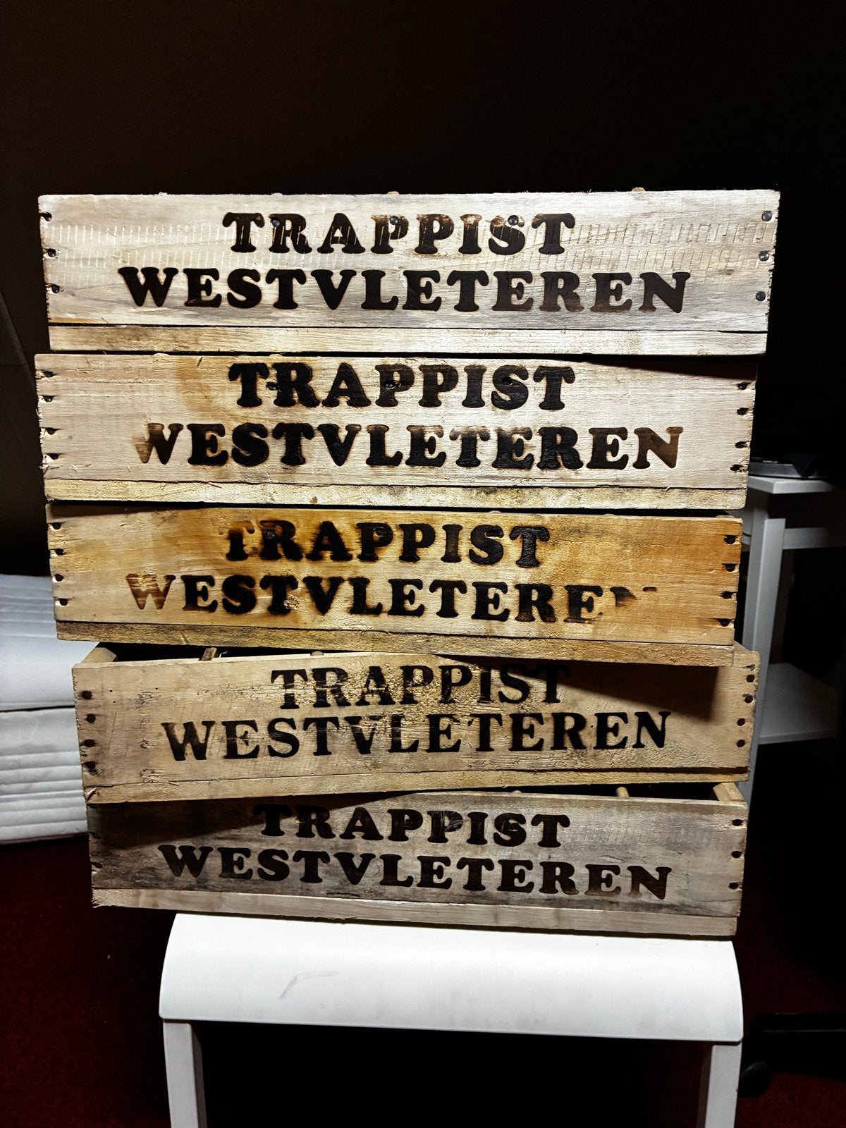 Trappist Westvleteren houten kratten (5 stuks), Ophalen, Gebruikt, 40 tot 60 cm, 50 tot 75 cm