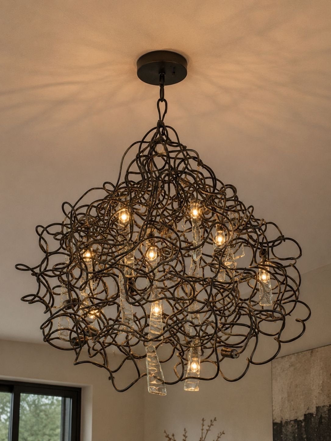 Gietijzeren hang lamp met glazen pegels, Ophalen, Gebruikt, Metaal