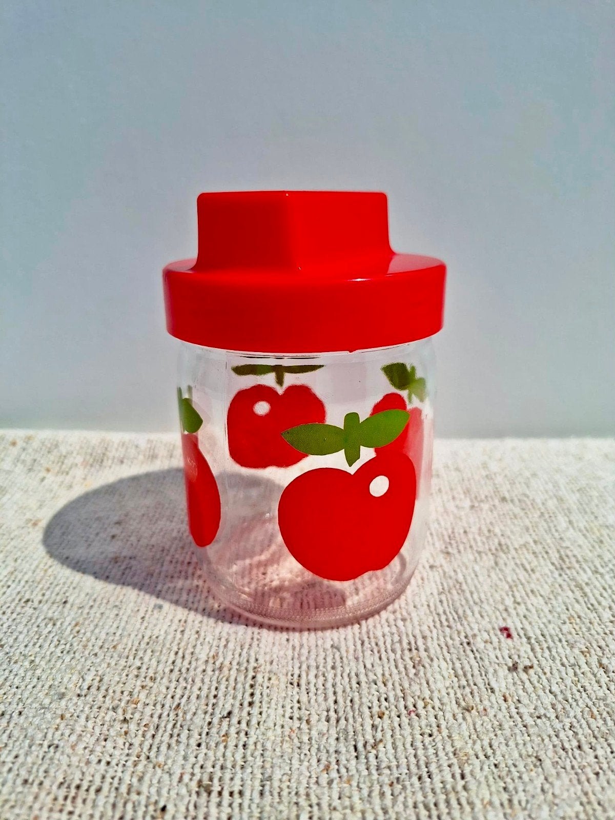 vintage glazen voorraadpot met appeltjes en rode dop Gulf, Glas, Gulf, Ophalen of Verzenden, Zo goed als nieuw