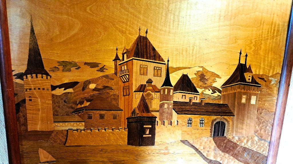 Hout-Marqueterie kunstwerk (1930–50) Kasteel & Stadsgezicht, Ophalen of Verzenden