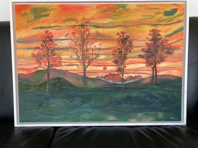 schilderij jaargetijden 50x70, Antiek en Kunst, Ophalen of Verzenden, Op houten frame, Acrylverf, Landschap