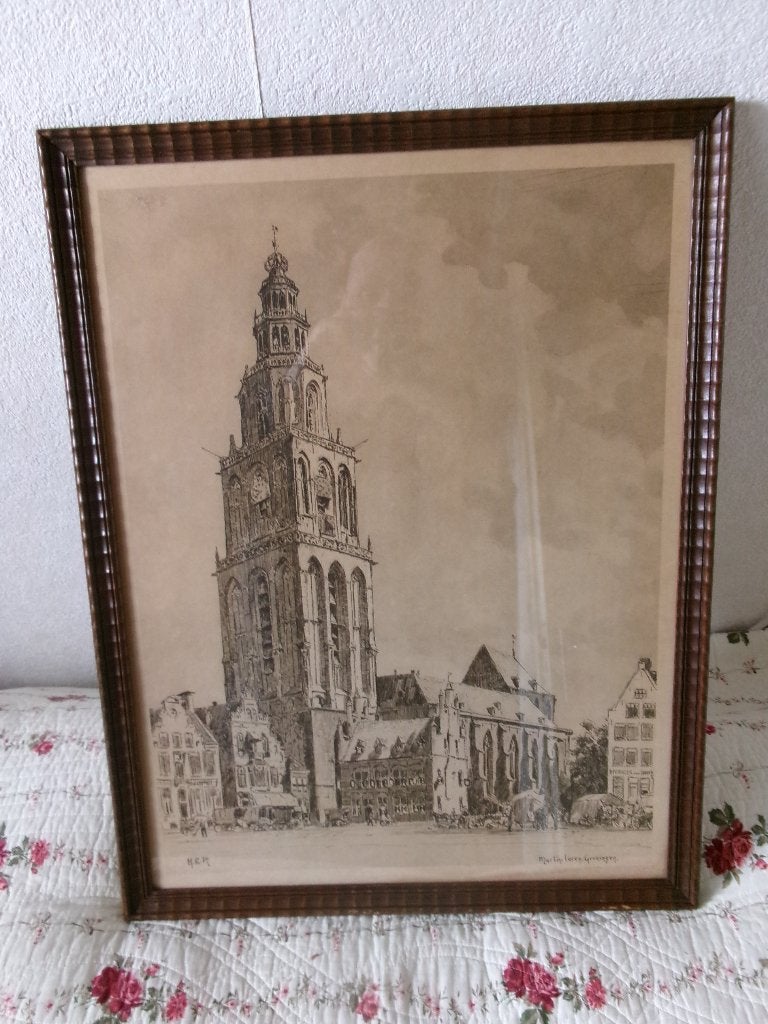 Martinitoren Groningen., Antiek en Kunst, Ophalen, Oud hollands, Achter glas, Print