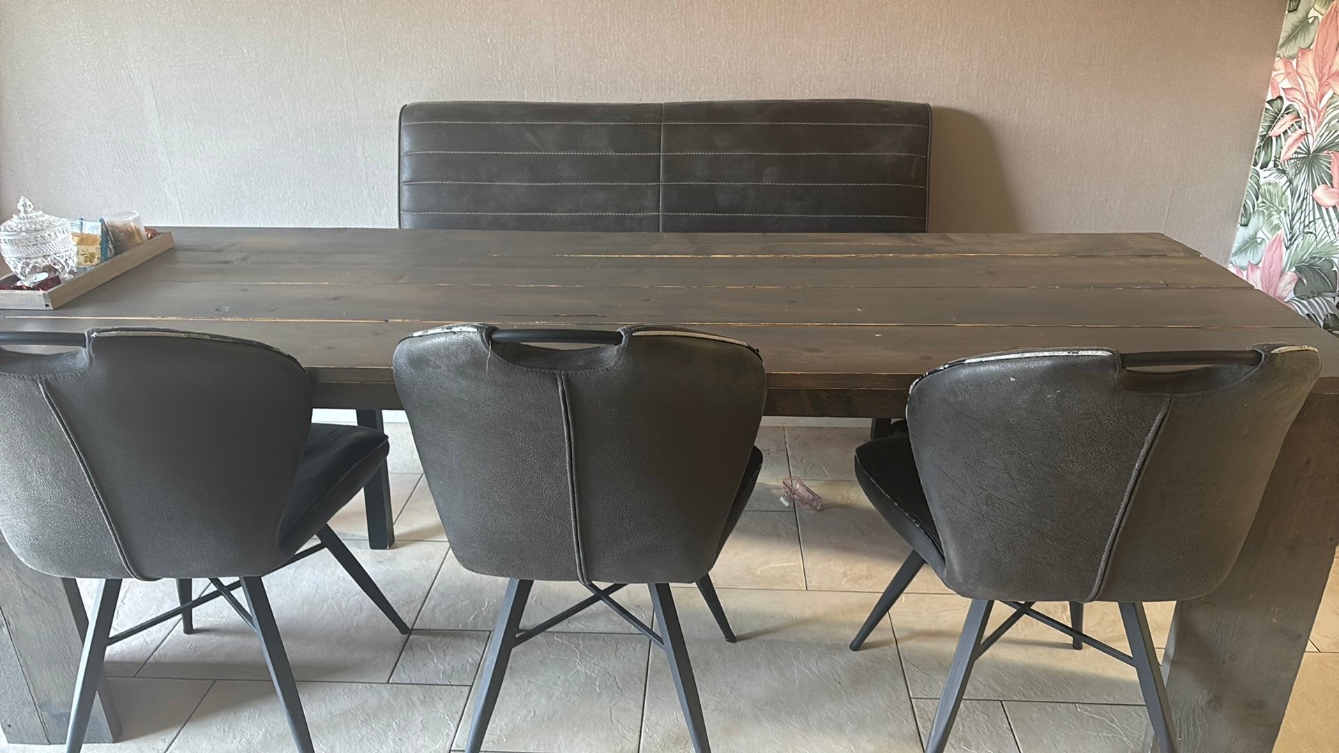 Antraciet tafel, eetbank en stoelen, Ophalen, Gebruikt, 200 cm of meer, 50 tot 100 cm