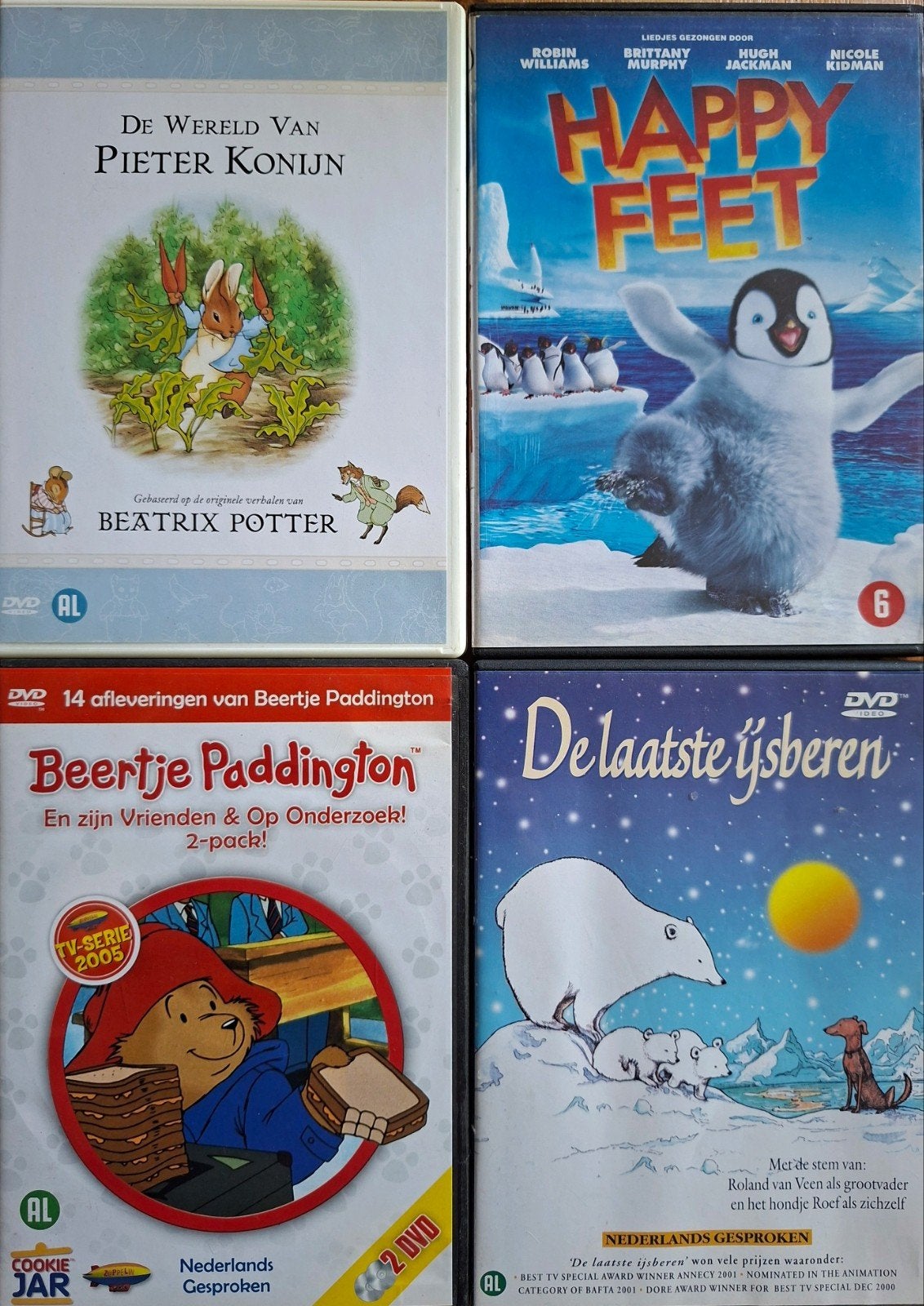 Vier kinder-DVD's met beroemde dieren, Cd's en Dvd's, Gebruikt, Animatie, Alle leeftijden, Ophalen of Verzenden