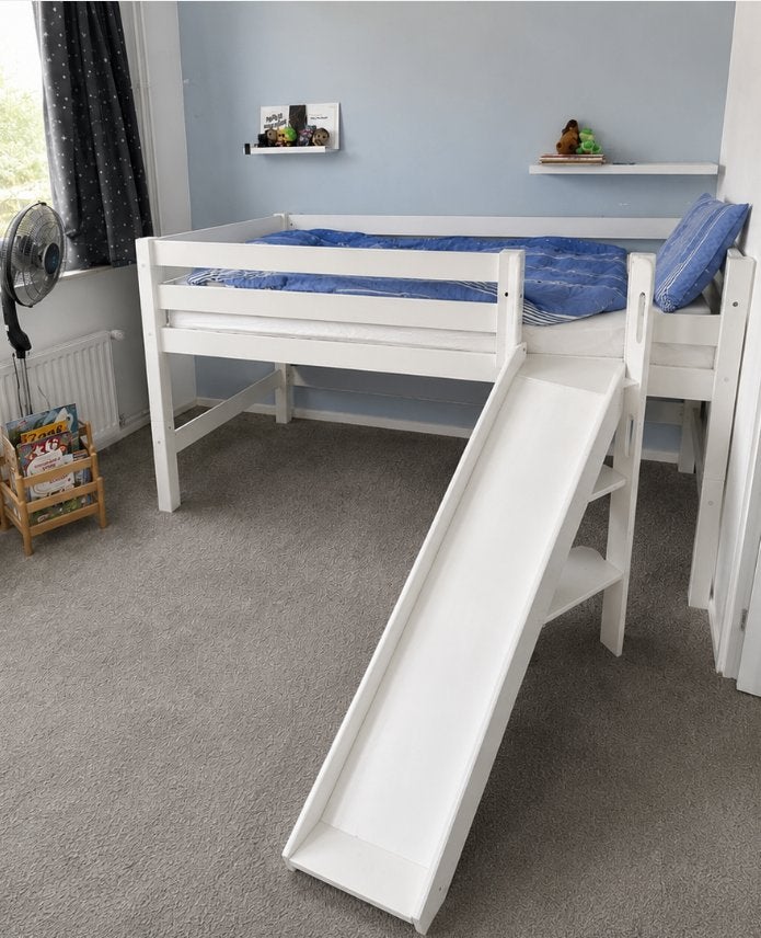 Wit halfhoogslaper kinderbed met glijbaan, Ophalen, Gebruikt, 90 cm, Eenpersoons