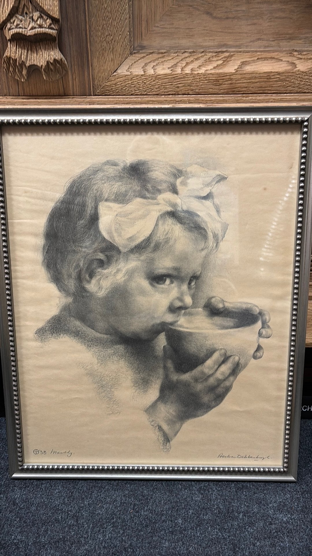 Prachtige tekening ingelijst meisje met strik, Ophalen of Verzenden