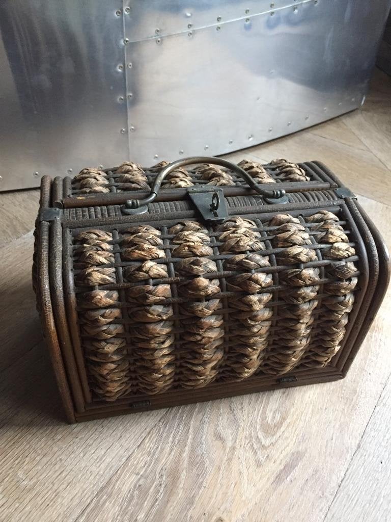 Vintage brocante rieten reiskoffertje/ toilet koffertje, Ophalen of Verzenden
